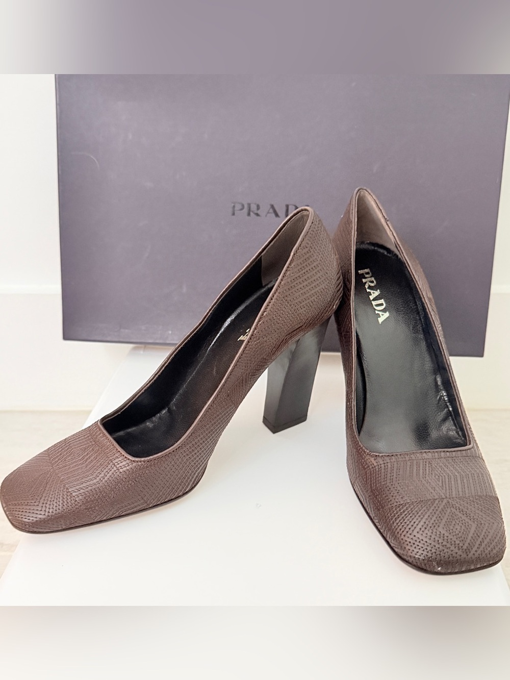 Prada Brown Textured Leather Block Heel Pumps - Dark Brown
